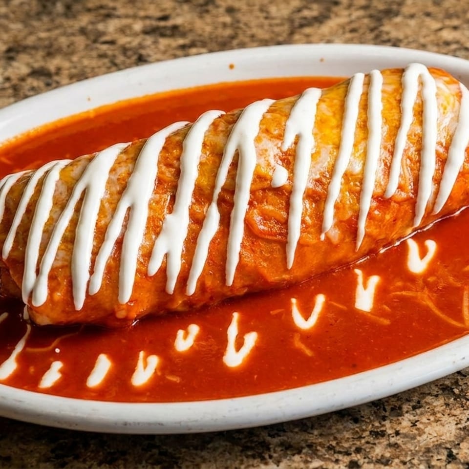 A large, saucy burrito drizzled with sour cream, served in a white oval dish.