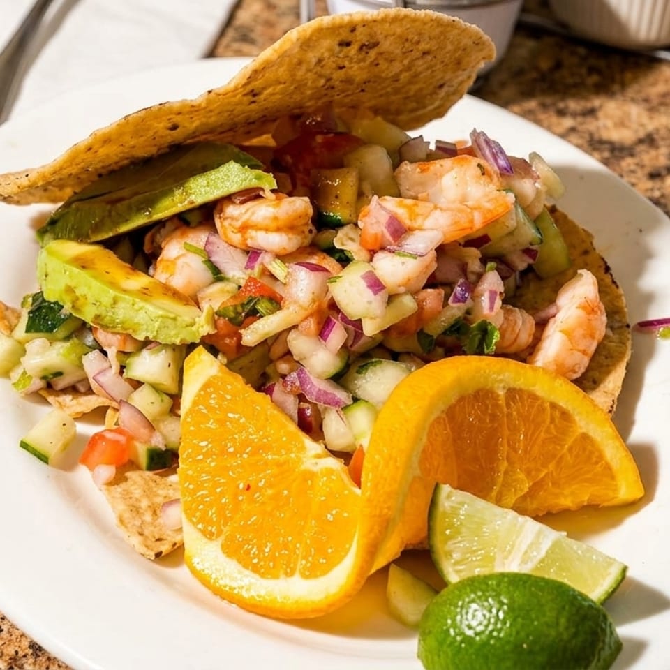 Shrimp ceviche tostada with avocado, cucumber, red onion, and citrus slices on a white plate.