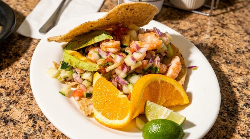 Shrimp ceviche tostada with avocado, cucumber, red onion, and citrus slices on a white plate.