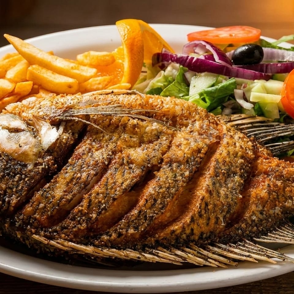 Whole fried fish with crispy skin, served with golden french fries, fresh salad, and an orange slice.