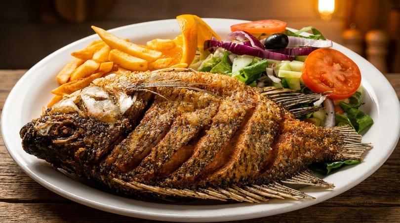 Whole fried fish with crispy skin, served with golden french fries and a fresh side salad.