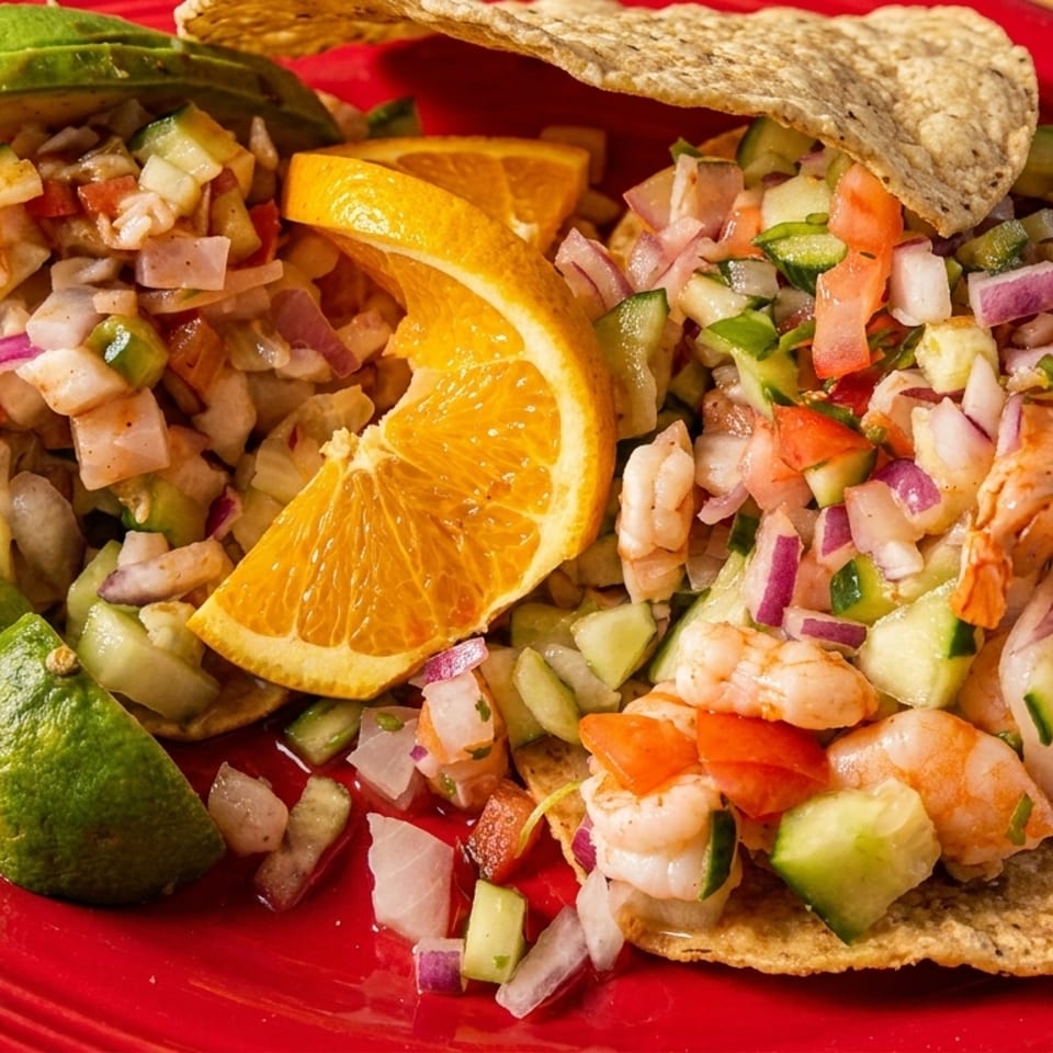 Two shrimp tostadas with diced vegetables, avocado, orange slices, and lime wedges on a red plate.