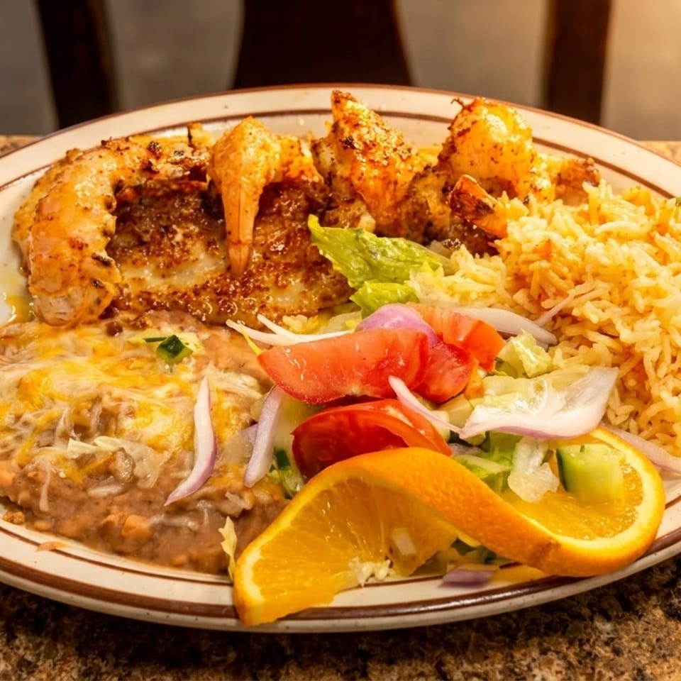 A plate of grilled shrimp, rice, refried beans with cheese, and a side salad with orange slices.