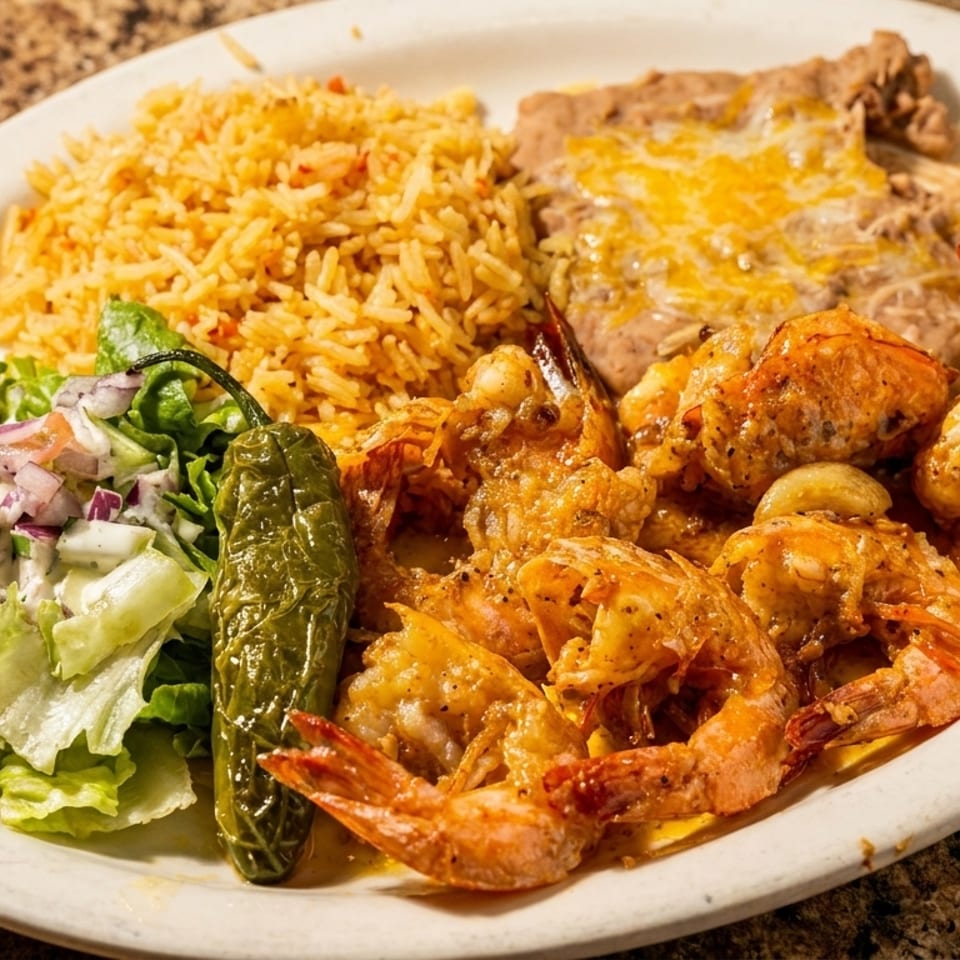 A plate of Mexican food with shrimp, rice, refried beans, salad, and a green chili.