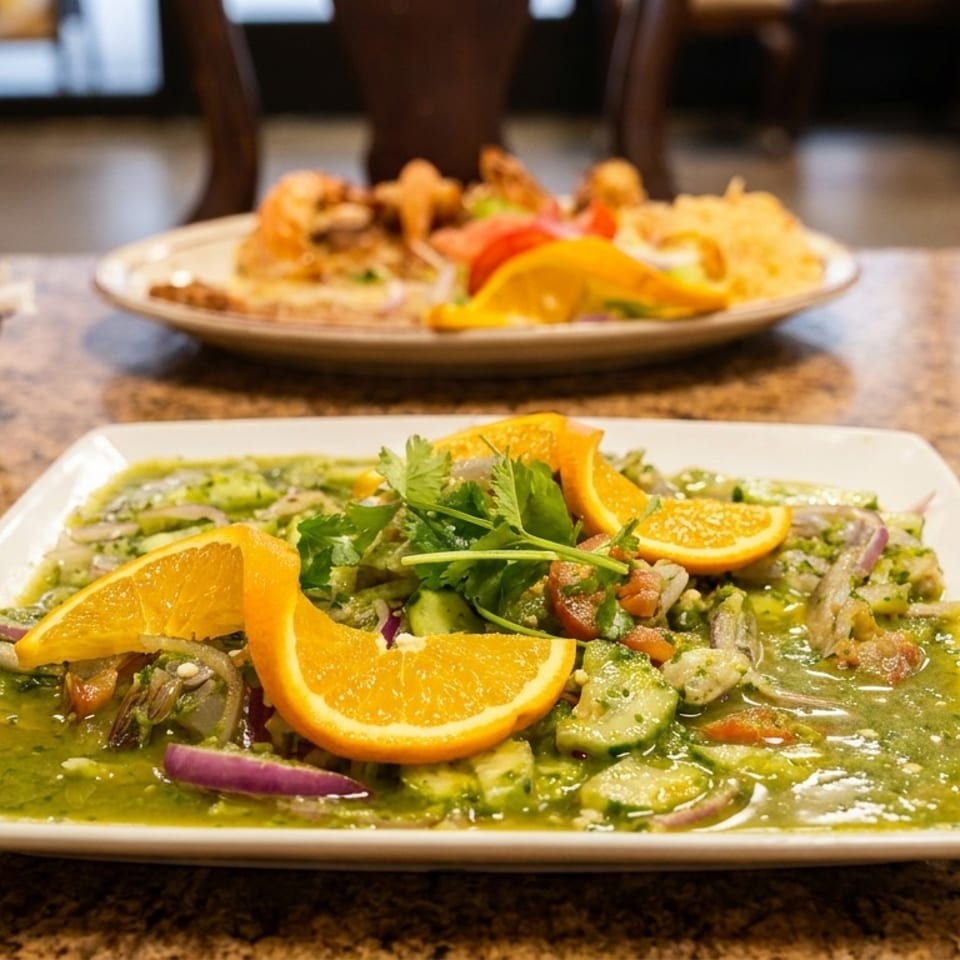 Ceviche with orange slices, cilantro, and red onion on a white plate, with another dish blurred in the background.